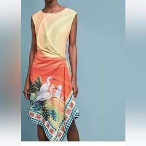 Anthropologie Eva Franco Vibrant Bird Dress Silky Ruched Asymmetrical Hem 4P